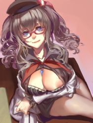 Rule 34 | 10s, 1girl, bad id, bad pixiv id, beret, between breasts, black shirt, blue eyes, bra, breasts, condom, dress shirt, drill hair, frilled sleeves, frills, glasses, grey hair, hat, kantai collection, kashima (kancolle), large breasts, licking lips, looking at viewer, nipple slip, nipples, off shoulder, red cucumber, semi-rimless eyewear, shirt, sitting, skirt, solo, tongue, tongue out, twin drills, twintails, unbuttoned, unbuttoned shirt, under-rim eyewear, underwear, wavy hair