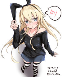 Rule 34 | alternate costume, blonde hair, blue eyes, blue skirt, blush, chestnut mouth, giraffe (ilconte), hair between eyes, hair ornament, hair ribbon, hairband, highres, kantai collection, long hair, looking at viewer, no shoes, off-shoulder sweater, off shoulder, open mouth, ribbon, shimakaze (kancolle), skirt, solo, speech bubble, standing, striped clothes, striped thighhighs, sweater, thighhighs, twitter username