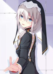 Rule 34 | 1girl, bad id, bad pixiv id, black dress, blue eyes, collar, dress, highres, honkai (series), honkai impact 3rd, long hair, long sleeves, looking at viewer, nun, open mouth, side ponytail, solo, theresa apocalypse, theresa apocalypse (valkyrie pledge), tile wall, tiles, upper body, veil, white hair, yiduan zhu