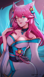 Rule 34 | 1girl, absurdres, ahri (league of legends), alternate hair color, animal ear fluff, animal ears, artist request, bell, blue tail, breasts, cleavage, collarbone, facial mark, fox ears, fox tail, hair bell, hair ornament, highres, kitsune, korean clothes, kyuubi, large breasts, league of legends, long straw, low neckline, multiple tails, nail polish, off shoulder, one eye closed, solo, spirit blossom ahri, tail, vastaya, whisker markings
