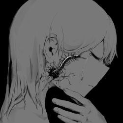 Rule 34 | 1girl, avogado6, black border, border, bug, centipede, closed mouth, cracked skin, closed eyes, from side, greyscale, hand up, long hair, monochrome, nude, original, portrait, profile, solo, tears