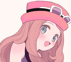 Rule 34 | 1girl, :d, bare arms, blush, brown hair, commentary request, creatures (company), eyelashes, eyewear on headwear, game freak, grey eyes, grey shirt, hat, long hair, looking at viewer, nasakixoc, nintendo, open mouth, pink hat, pokemon, pokemon xy, serena (pokemon), shirt, simple background, sleeveless, sleeveless shirt, smile, solo, sunglasses, tongue, upper body, white-framed eyewear, white background