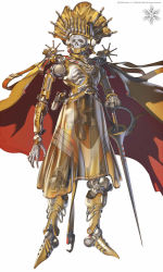 Rule 34 | 1boy, armor, arms at sides, cape, cyborg, full body, hand on hilt, highres, joints, male focus, miv4t, original, rapier, ribs, robot joints, see-through, skeleton, skull, solo, standing, sword, weapon, white background