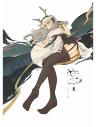 Rule 34 | 1girl, antlers, arknights, black thighhighs, breasts, character name, closed mouth, commentary, dress, expressionless, firewatch (arknights), firewatch (wilted cypress) (arknights), garter straps, gloves, green eyes, hairband, highres, horns, long hair, long legs, lying, medium breasts, mikozin, official alternate costume, on side, rhodes island logo (arknights), short dress, silver hair, simple background, sleeveless, solo, thighhighs, thighs, typo, white background, white dress, yellow gloves