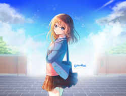 Rule 34 | 1girl, 723/nanahumi, anzu (ensemble stars!), bad id, bad pixiv id, bag, blazer, blue jacket, blue sky, brick wall, brown skirt, cloud, cloudy sky, commentary request, day, ensemble stars!, from side, jacket, open clothes, open jacket, outdoors, pink sweater, plaid, plaid skirt, pleated skirt, school bag, skirt, sky, solo, standing, sweater, twitter username