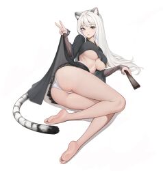 Rule 34 | 1girl, animal ears, ass, bare legs, barefoot, black shirt, black skirt, breasts, commission, crop top, crop top overhang, feet, folding fan, grey eyes, hand fan, hand up, highres, holding, holding fan, large breasts, lifting own clothes, long hair, long sleeves, looking at viewer, microskirt, midriff, no bra, original, panties, parted lips, pleated skirt, second-party source, shirt, simple background, sitting, skirt, soles, solo, tail, thighs, tiger ears, tiger girl, tiger tail, toes, ttalkkak, underboob, underwear, v, very long hair, waist cape, white background, white hair, white panties, wide sleeves, yokozuwari