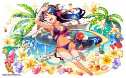Rule 34 | 1girl, ;d, arm up, armpits, barefoot, beach, bikini, blue flower, blue hair, breasts, cleavage, floating hair, flower, full body, hair flower, hair ornament, hair ribbon, hibiscus, long hair, medium breasts, navel, ocean, one eye closed, open mouth, palm tree, purple bikini, red flower, ribbon, sideboob, simple background, smile, solo, swimsuit, tattoo, thigh strap, tree, very long hair, white background, white ribbon, yellow eyes, yellow flower