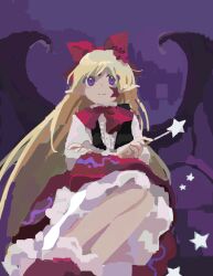 Rule 34 | 1girl, bat wings, black vest, blonde hair, center frills, closed mouth, commentary request, elis (touhou), flat chest, flower, frills, hair flower, hair ornament, hair ribbon, holding, holding wand, kaigen 1025, long hair, long sleeves, neck ribbon, open clothes, open vest, petticoat, pointy ears, purple eyes, red flower, red footwear, red ribbon, red skirt, ribbon, shirt, sketch, skirt, smile, socks, solo, star (symbol), star wand, touhou, touhou (pc-98), vest, wand, white shirt, white socks, wings