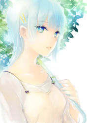 Rule 34 | 1girl, blue eyes, blue hair, frown, hair ornament, hairclip, long hair, long sleeves, looking at viewer, lpip, matching hair/eyes, open mouth, original, shirt, solo, white background, white shirt