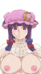 Rule 34 | 1girl, blue bow, blunt bangs, bow, breasts, capelet, closed mouth, cosplay, crescent, crescent hat ornament, fern (sousou no frieren), hair bow, hat, hat ornament, highres, large breasts, lifting own clothes, long hair, looking at viewer, mob cap, nipples, patchouli knowledge, patchouli knowledge (cosplay), purple eyes, purple hair, purple pupils, red bow, simple background, solo, tyrone, upper body