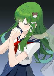 1girl 1other blue_sailor_collar blue_skirt blush chimi_(s2yuyukos2) closed_eyes closed_mouth frog_hair_ornament green_hair hair_ornament happy kochiya_sanae long_hair neckerchief own_hands_clasped own_hands_together pleated_skirt praying red_neckerchief sailor_collar sailor_shirt school_uniform serafuku shirt short_sleeves single_sidelock skirt smile snake_hair_ornament solo touhou white_shirt