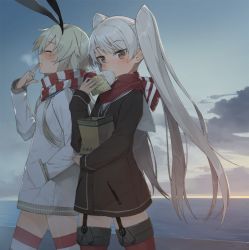 Rule 34 | 10s, 2girls, adapted costume, amatsukaze (kancolle), baozi, blonde hair, blue sky, breasts, brown eyes, closed eyes, cloud, eating, food, garter straps, hair ribbon, hand in pocket, hayashi kewi, jacket, kantai collection, long hair, long sleeves, looking at viewer, multiple girls, ocean, ribbon, scarf, shimakaze (kancolle), silver hair, sky, small breasts, striped clothes, striped legwear, striped thighhighs, sunset, thighhighs, twintails, very long hair, walking, zettai ryouiki