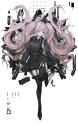 Rule 34 | 1girl, absurdres, black dress, black thighhighs, brown eyes, dress, dual wielding, garter straps, gun, handgun, highres, holding, holding gun, holding weapon, lm7 (op-center), long hair, looking at viewer, original, pink hair, solo, thighhighs, trigger discipline, twintails, very long hair, weapon