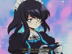 Rule 34 | 1990s (style), 1girl, black dress, black hair, blue eyes, blue hair, blush, dress, english text, game console, gloves, highres, looking at viewer, maid headdress, merryweather, multicolored background, multicolored hair, open mouth, original, personification, playstation 4, playstation controller, retro artstyle, short hair, solo, sparkle, upper body, white gloves