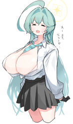 Rule 34 | 1girl, ahoge, black gloves, black skirt, blue archive, blush, breasts, cleavage, closed eyes, collared shirt, cowboy shot, cropped legs, facing viewer, gloves, green hair, halo, hei (tonarinohey), highres, huge ahoge, huge breasts, long hair, long sleeves, open mouth, pleated skirt, shirt, simple background, skirt, solo, white background, white shirt, yellow halo, yume (blue archive)