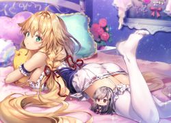 Rule 34 | 1girl, ahoge, azur lane, bare shoulders, bed, blonde hair, blurry, braid, breasts, commentary request, depth of field, doll, dunkerque (azur lane), flower, flower pot, frilled thighhighs, frills, garter straps, green eyes, hair flaps, hair intakes, hair ornament, head tilt, indoors, large breasts, le temeraire (azur lane), long hair, looking at viewer, lying, miniskirt, hugging object, on bed, on stomach, pillow, riichu, sideboob, skirt, solo, sparkle, thighhighs, twin braids, very long hair, white thighhighs