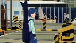 Rule 34 | 1girl, arms at sides, blue hair, bocchi the rock!, expressionless, guitar case, hair ornament, hairclip, highres, instrument case, kerorira, looking at viewer, looking back, mole, mole under eye, official art, official wallpaper, railroad crossing, railroad tracks, school uniform, solo, standing, yamada ryo, yellow eyes