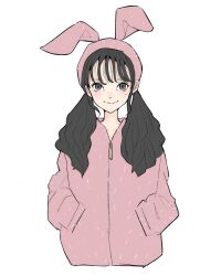 Rule 34 | 1girl, animal ears, awatsu mai, black hair, chinese zodiac, closed mouth, commentary, cropped torso, fake animal ears, fur hairband, fur jacket, grey eyes, hairband, hands in pockets, highres, jacket, long hair, looking at viewer, low twintails, mole, mole under eye, pink hairband, pocket, rabbit ears, real life, sally (allogkk), simple background, smile, solo, standing, twintails, upper body, voice actor, white background, year of the rabbit, zipper