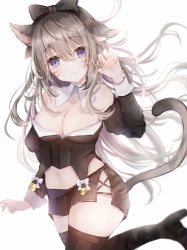 Rule 34 | 1girl, absurdres, animal ears, warrior of light (ff14), bad id, bad pixiv id, black thighhighs, bow, breasts, brown hair, cat ears, cat tail, claw pose, cleavage, closed mouth, detached collar, facial mark, final fantasy, final fantasy xiv, hair between eyes, hair bow, highres, long hair, looking at viewer, miqo&#039;te, purple eyes, sakura mochiko, skirt, solo, strapless, tail, thighhighs, whisker markings, white background