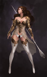 Rule 34 | 1girl, armor, asymmetrical armor, bangku an, bare shoulders, bikini armor, blue eyes, boots, breasts, brown hair, cleavage, collar, female focus, full body, gauntlets, highres, holding, holding staff, large breasts, lips, lipstick, long hair, looking to the side, makeup, neck, panties, profile, red lips, revealing clothes, see-through, shoulder armor, solo, pauldrons, staff, standing, strapless, thigh boots, thighhighs, underwear, vambraces, wavy hair, white footwear