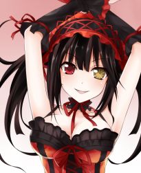 Rule 34 | 10s, 1girl, bad id, bad pixiv id, bare shoulders, black hair, breasts, clock eyes, date a live, dress, gradient background, hairband, heterochromia, lolita fashion, lolita hairband, looking at viewer, qiuzhi huiyi, red eyes, ribbon, smile, solo, symbol-shaped pupils, tokisaki kurumi, twintails, yellow eyes