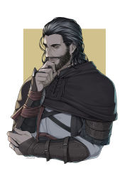 Rule 34 | 1boy, artist name, assassin&#039;s creed: valhalla, assassin&#039;s creed (series), basim ibn ishaq, beard, black capelet, black hair, bracer, capelet, commentary request, cropped torso, facial hair, forehead, hand on own chin, hand up, highres, kuzunue, leather, long hair, male focus, smile, solo, tunic, twitter username, upper body, vambraces, white background, white tunic