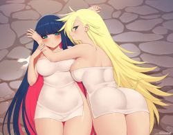 Rule 34 | 2girls, aqua eyes, artist name, ass, bare shoulders, blonde hair, blue hair, blunt bangs, blush, breasts, commentary, english commentary, kuroonehalf, large breasts, long hair, looking at viewer, lying, multicolored hair, multiple girls, naked towel, on back, on side, onsen, panty &amp; stocking with garterbelt, panty (psg), parted lips, pink hair, siblings, sisters, smile, stocking (psg), stone floor, thigh gap, towel, two-tone hair, very long hair