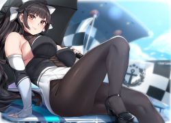 Rule 34 | 1girl, arm support, azur lane, bare shoulders, black hair, blunt bangs, blurry, blurry background, breasts, brown eyes, checkered floor, closed mouth, depth of field, elbow gloves, fingerless gloves, glint, gloves, hair ribbon, highres, impossible clothes, large breasts, leaning back, leotard, long hair, looking at viewer, moisture (chichi), outdoors, pantyhose, ponytail, race queen, ribbon, sitting, smile, solo, takao (azur lane), takao (full throttle charmer) (azur lane), umbrella, unitard, very long hair