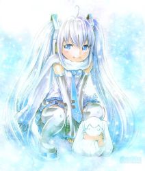 Rule 34 | 1girl, ahoge, blue eyes, blue hair, blue theme, boots, detached sleeves, hatsune miku, kneeling, light smile, long hair, matching hair/eyes, mayo riyo, necktie, pleated skirt, scarf, skirt, sleeves past wrists, snow, snowing, snowman, solo, squatting, thighhighs, twintails, v arms, very long hair, vocaloid, white hair, yuki miku
