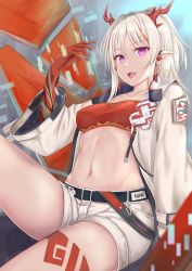 Rule 34 | 1girl, :d, absurdres, arknights, bandeau, belt, black belt, braid, breasts, character name, collarbone, commentary request, hair between eyes, hand up, highres, horns, jacket, long hair, long sleeves, looking at viewer, midriff, navel, nian (arknights), open clothes, open jacket, open mouth, partial commentary, pointy ears, purple eyes, red hair, short shorts, shorts, shu-ri, silver hair, single braid, small breasts, smile, solo, stomach, strapless, thighs, tongue, tongue out, tube top, white jacket, white shorts, wide sleeves
