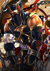 Rule 34 | 1boy, armband, armor, bandages, bara, belt, biceps, chain, cuffed, cuffs, gauntlets, gloves, highres, male focus, mask, masked, muscular, muscular male, ninja, ohayashi55, original, pants, pectoral cleavage, pectorals, red eyes, scar, scar on arm, thick arms