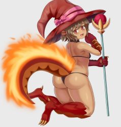 Rule 34 | :d, ass, bikini, black bikini, blush, breasts, brown hair, choker, claws, dark-skinned female, dark skin, fang, fiery tail, from behind, hat, highres, looking back, micro bikini, monster girl, monster girl encyclopedia, nav (itsnav), open mouth, red eyes, reptile girl, salamander (monster girl encyclopedia), short hair, simple background, slit pupils, small breasts, smile, staff, swimsuit, tail, thick thighs, thighs, white background, witch hat
