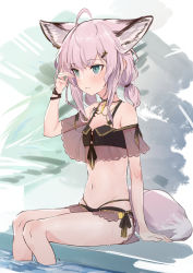 Rule 34 | 1girl, absurdres, ahoge, animal ears, arknights, bikini, black bikini, blue eyes, blush, bracelet, brown hair, commentary, flat chest, fox ears, fox girl, fox tail, groin, hair ornament, hairclip, highres, jewelry, material growth, navel, official alternate costume, oripathy lesion (arknights), pool, short hair, short twintails, sitting, soaking feet, solo, stomach, sussurro (arknights), sussurro (summer flower) (arknights), swimsuit, tail, twintails, water, wet, yakurope-moko
