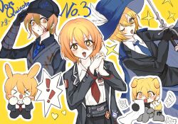 Rule 34 | 035nnn, 1girl, animal ears, black coat, black gloves, black shirt, blonde hair, blue necktie, blush, coat, collared shirt, dog ears, don quixote (project moon), gloves, hand up, hands up, highres, limbus company, long sleeves, multiple views, necktie, open mouth, project moon, rabbit ears, red necktie, shirt, short hair, simple background, smile, sparkling eyes, yellow background, yellow eyes