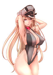 Rule 34 | 10s, 1girl, armpits, arms up, bismarck (kancolle), black one-piece swimsuit, blonde hair, blue eyes, breasts, covered erect nipples, dearmybrothers, hat, highleg, highleg swimsuit, kantai collection, large breasts, long hair, midriff, navel, one-piece swimsuit, sailor hat, solo, swimsuit, uncensored, very long hair