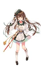 Rule 34 | 1girl, belt, breasts, brown eyes, brown hair, character request, collarbone, formation girls, full body, hair ornament, hat, highres, large breasts, looking at viewer, military, military uniform, official art, sheath, sheathed, shoes, smile, solo, sword, transparent background, twintails, uniform, weapon