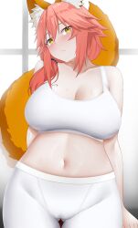 Rule 34 | 1girl, absurdres, alternate costume, animal ear fluff, animal ears, arind yudha, bare arms, bare shoulders, blush, breasts, cleavage, closed mouth, collarbone, commentary, fang, fate/grand order, fate (series), fox ears, fox girl, fox tail, gluteal fold, hair between eyes, hair tie, highres, huge breasts, leggings, lips, long hair, looking at viewer, low ponytail, midriff, navel, orange tail, pink hair, skin fang, solo, stomach, sweat, tail, tamamo (fate), tamamo no mae (fate/extra), tank top, thighs, white leggings, white tank top, yellow eyes