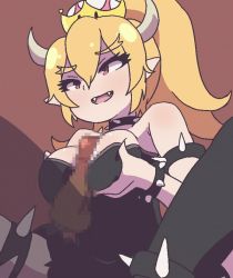Rule 34 | 1boy, 1girl, :d, animated, animated gif, between breasts, blush, bowsette, breast hold, breasts, censored, cleavage, crown, cum, cum in mouth, cum on body, cum on breasts, cum on tongue, cum on upper body, dress, ejaculation, ejaculation between breasts, erection, facial, fangs, hetero, horns, large breasts, mario, mario (series), mosaic censoring, new super mario bros. u deluxe, nintendo, open mouth, paizuri, penis, ponytail, red eyes, smile, super crown, tongue