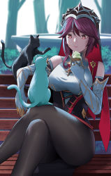 Rule 34 | 1girl, bare shoulders, bench, blurry, blurry background, breasts, bright pupils, brown pantyhose, cat, crossed legs, detached sleeves, eating, elbow gloves, elbow rest, feet out of frame, food, food in mouth, genshin impact, gloves, gold trim, hair flaps, highres, holding, holding food, ice cream cone, large breasts, looking at another, multiple cats, outdoors, pantyhose, red eyes, red hair, rosaria (genshin impact), short hair, sidelocks, sitting, solo, sweatdrop, thighs, tiara, tree, veil, white gloves, white pupils, yonoki