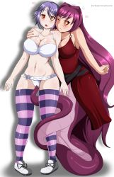 Rule 34 | 2girls, absurdres, alternate breast size, artist request, bra, breasts, coiled, crossover, highres, hypnosis, lamia, large breasts, long hair, mind control, monster girl, multiple girls, original, panties, purple hair, rosario+vampire, shirayuki mizore, shoes, short hair, smile, sneakers, source request, thighhighs, underwear, white bra, white panties