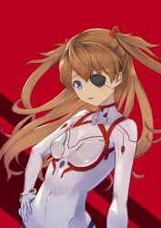 Rule 34 | 1girl, absurdres, artist request, blue eyes, bodysuit, breasts, brown hair, evangelion: 3.0+1.0 thrice upon a time, eyepatch, floating hair, hair ornament, hand on own hip, highres, long hair, looking at viewer, medium breasts, neon genesis evangelion, pilot suit, plugsuit, rebuild of evangelion, red background, shiny clothes, skin tight, solo, souryuu asuka langley, twintails, two side up, very long hair, white bodysuit