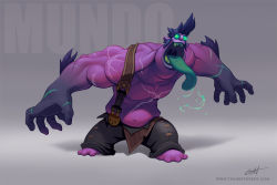 Rule 34 | 1boy, alternate costume, arm hair, barefoot, black pants, blue hair, commentary, dr. mundo, english commentary, full body, gradient background, green eyes, grey background, league of legends, long hair, long tongue, looking at viewer, muscular, muscular male, navel, open mouth, open pants, pants, saliva, scar, scar on arm, scar on chest, signature, solo, standing, teeth, thorsten erdt, tongue, watermark, web address