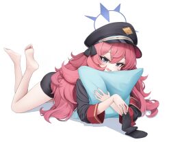 Rule 34 | 1girl, armband, bare legs, barefoot, black hat, black socks, blue archive, blue eyes, blue halo, chirang, feet, full body, halo, hat, highres, holding, holding clothes, holding legwear, holding pillow, iroha (blue archive), legs, long hair, long sleeves, lying, military hat, on stomach, open mouth, peaked cap, pillow, red armband, red hair, shirt, simple background, smile, socks, soles, the pose, thighs, toes, unworn socks, very long hair, white background, wide sleeves