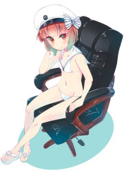 Rule 34 | 10s, 1girl, armchair, bikini, brown eyes, brown hair, chair, full body, groin, hat, highres, imu sanjo, kantai collection, long legs, looking at viewer, navel, office chair, sailor bikini, sailor collar, sailor hat, sandals, short hair, simple background, sitting, smile, solo, swimsuit, swivel chair, white background, white bikini, white hat, z3 max schultz (kancolle)