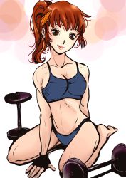 Rule 34 | 1girl, barefoot, breasts, brown eyes, brown hair, cleavage, daimon akiko, dumbbell, fingerless gloves, gloves, headband, highres, lips, looking at viewer, nekochuni, ponytail, seiza, sitting, smile, solo, sports bra, taisen hot gimmick, taisen hot gimmick 4ever, toned, weights