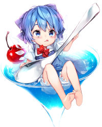 Rule 34 | 1girl, :q, alternate hair length, alternate hairstyle, barefoot, bloomers, blue bow, blue dress, blue eyes, blue hair, bow, bowtie, cherry, cirno, cup, dress, drink, drinking glass, eyelashes, feet, flat chest, food, frills, fruit, full body, glass, glint, hair bow, highres, holding, holding spoon, ice, ice wings, in container, in cup, lens flare, licking lips, loose bowtie, matching hair/eyes, mini person, minigirl, oversized object, partially submerged, red bow, red bowtie, sankyaku tako, shirt, short hair, short sleeves, sitting, soles, solo, spoon, tongue, tongue out, touhou, transparent, transparent wings, underwear, white background, white shirt, wings