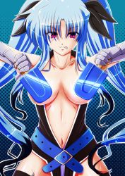 Rule 34 | 1girl, absurdres, blue hair, halftone, halftone background, highres, lyrical nanoha, mahou shoujo lyrical nanoha, mahou shoujo lyrical nanoha a&#039;s, mahou shoujo lyrical nanoha a&#039;s portable: the battle of aces, levi the slasher, aged up, open clothes, popsicle, red eyes, solo, tappa (esperanza), thighhighs, twintails