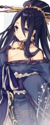 Rule 34 | 1girl, bare shoulders, blue eyes, blue hair, blue kimono, border, breasts, cleavage, closed mouth, earrings, hair between eyes, hair ornament, highres, japanese clothes, jewelry, kaguya (sinoalice), kimono, long hair, long sleeves, looking at viewer, merry-san, sinoalice, smile, solo, white background