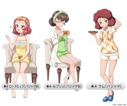 Rule 34 | 3girls, arm behind head, bare legs, bare shoulders, barefoot, blue footwear, blush, blush stickers, bow, breasts, brown eyes, brown hair, camisole, casual, chair, character name, cheese, cleavage, closed eyes, collarbone, cup, curly hair, food, frilled camisole, frilled nightgown, frilled shorts, frills, girls und panzer, girls und panzer senshadou daisakusen!, green bow, green camisole, green shorts, hair bun, hairband, holding, holding cup, holding tray, hooded shirt, legs, multiple girls, nightgown, nightshirt, official art, open mouth, pajamas, parted hair, plaid, plaid shirt, red hair, rosehip (girls und panzer), rukuriri (girls und panzer), rum (girls und panzer), sausage, shirt, short hair, shorts, single hair bun, sitting, sleepwear, slippers, smile, tachi-e, tea, thighs, toothpick, tossing, translated, tray, wavy hair, white shirt, white shorts, yellow shirt, yellow shorts