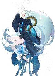 Rule 34 | 1girl, black hair, black ribbon, black scarf, bubble, double-parted bangs, fate/grand order, fate (series), grey hair, hair between eyes, high heels, highres, horns, kabutomushi s, larva tiamat (fate), larva tiamat (second ascension) (fate), long hair, looking at viewer, pantyhose, pink eyes, pointy ears, ribbon, scarf, sidelocks, sleeves past fingers, sleeves past wrists, tail, tiamat (fate), twintails, very long hair, very long sleeves, white background, white pantyhose, x x